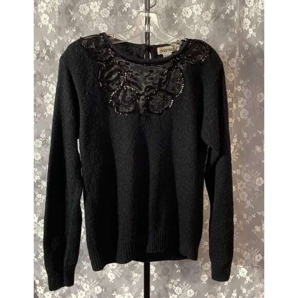 Vintage 80s Sweater 1980s Black Glam Goth Angora New Wave Hipster Size Medium - Picture 1 of 8